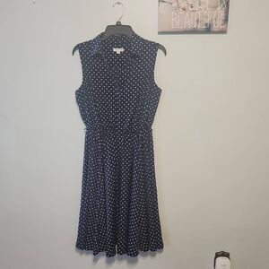 💚 Charter Club Size 10 Navy Blue White Polka Dots Collared Sleeveless Dress